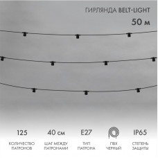 Гирлянда Belt-Light 2 жилы, 50м, шаг 40см, 125 патронов E27, IP65, черный круглый провод